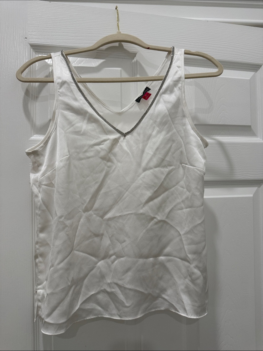 Vince Camuto White V-Neck Satin Camisole with Silver Trim